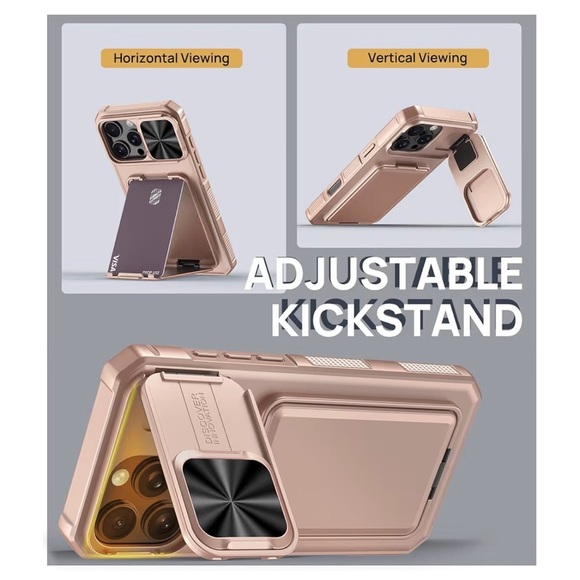 IPHONE 16 PRO CASE in Rose Gold with Kickstand, card holder, and camera cover - Picture 3 of 12